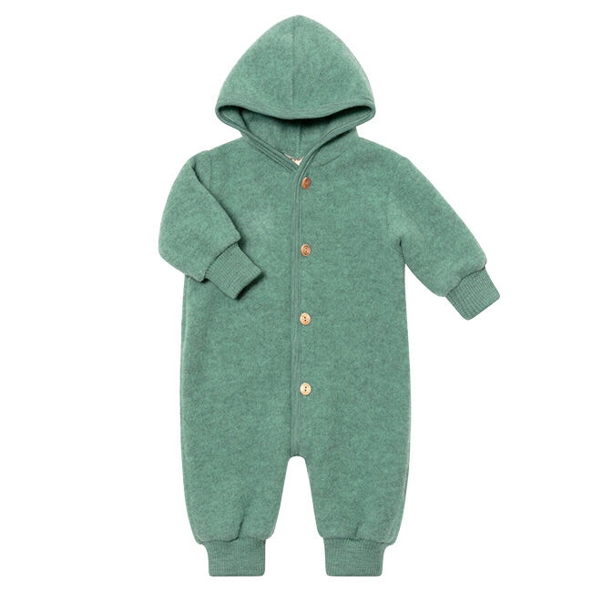 Engel Baby 100% Merino Wool Fleece Hooded Suit with Wooden Buttons - Jade Melange image number null