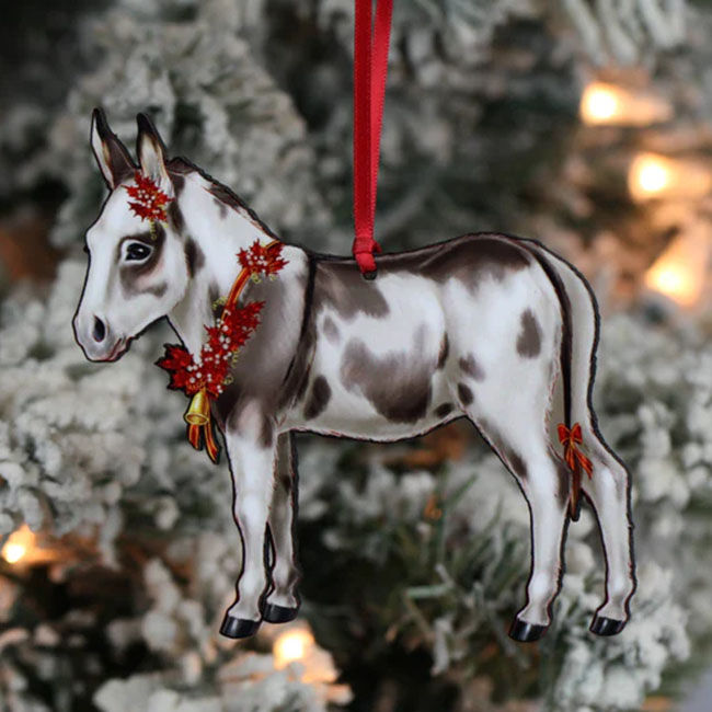 Classy Equine Ornament - Spotted Gray & White Miniature Donkey with Christmas Wreath image number null
