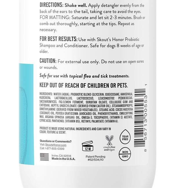Skout's Honor Probiotic Daily Use Pet Detangler Ingredients image number null