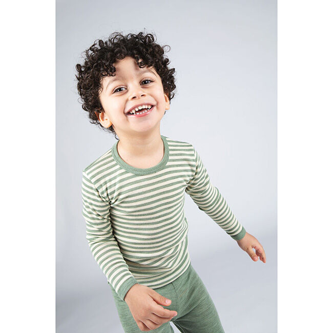 Engel Kids' 100% Merino Wool Striped Long-Sleeve Shirt - Sage Melange/Natural image number null