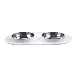 Messy Mutts Double Silicone Cat Feeder with Stainless Saucer-Shaped Bowls - Marble