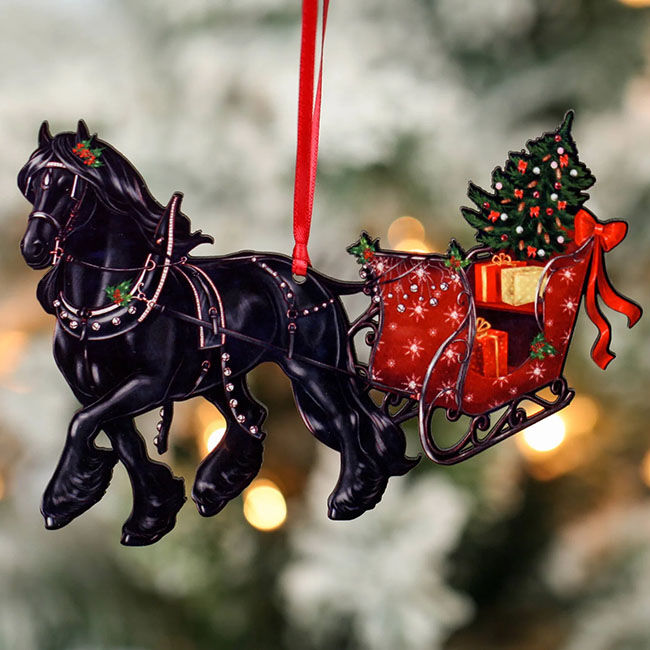 Classy Equine Ornament - Friesian Horse with Christmas Sleigh image number null