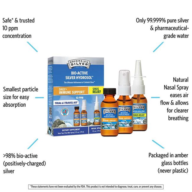 Sovereign Silver Bio-Active Silver Hydrosol 3-Piece Trial & Travel Kit - Daily+ Immune Support & Sinus Relief image number null