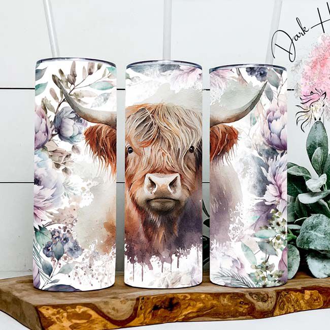 Dark Horse Dream Designs Tumbler - Purple Floral Watercolor Highland Cow image number null