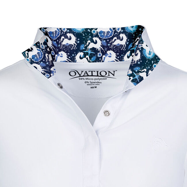Ovation Kids' Ellie Tech Short Sleeve Show Shirt - White/Blue Whimsical Horses image number null