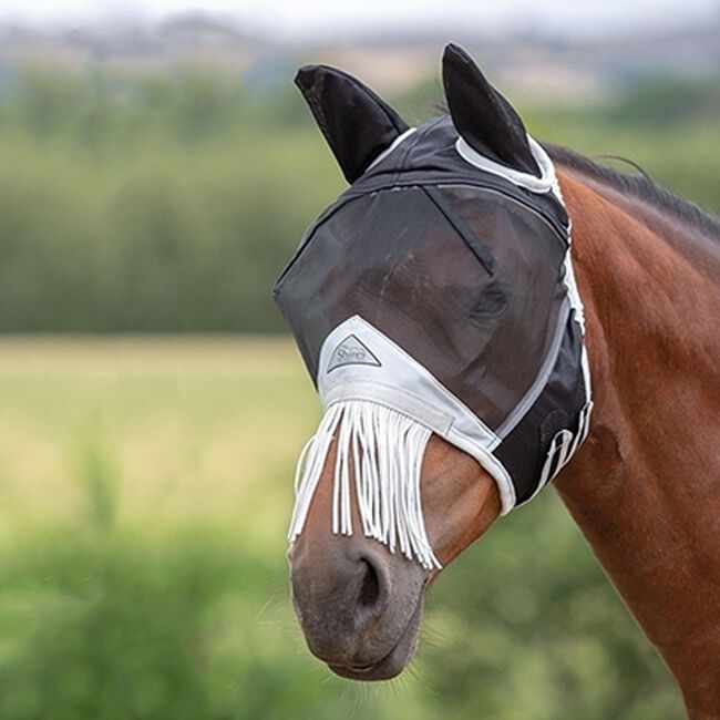 Shires Fine Mesh Fly Mask with Fringe Nose Black and White image number null