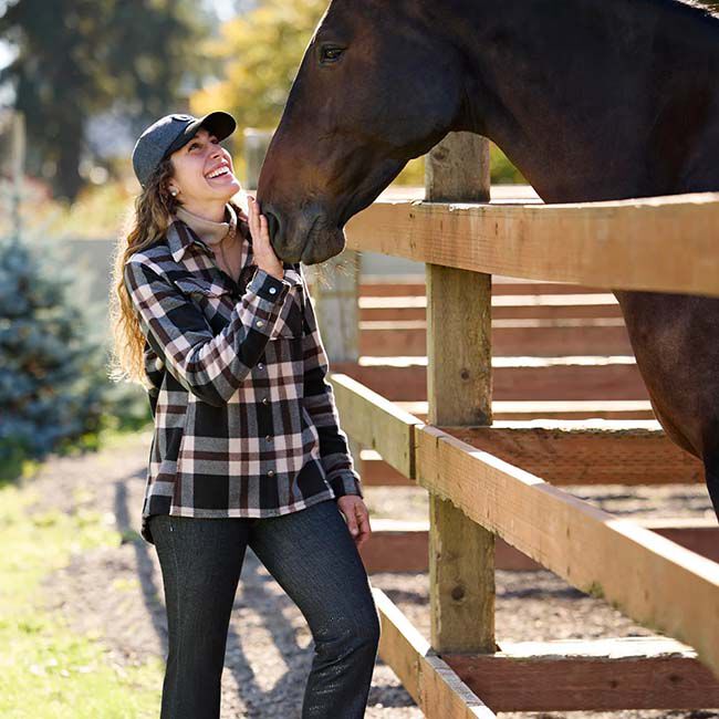 Kerrits Women's Alpine Fleece Snap Front Barn Shirt - Black/Mocha Plaid image number null