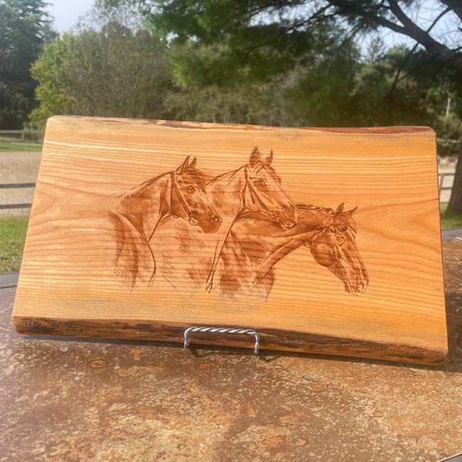 The Krafty Equestrian Live Edge Charcuterie Board - Cherry - Horse Trio image number null