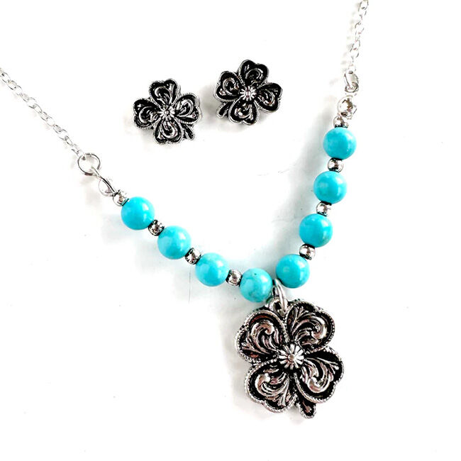 Wyo-Horse 4H Shamrock Earrings & Necklace Set - Turquoise & Silver image number null