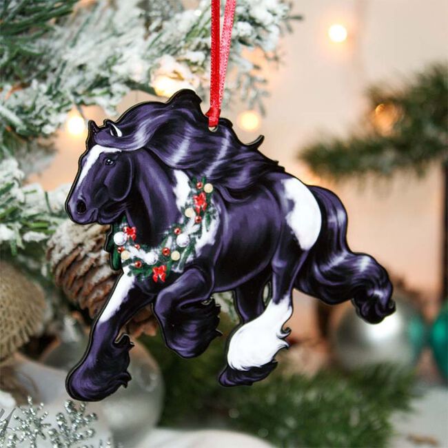 Classy Equine Ornament - Cantering Black & White Tobiano Gypsy Vanner Horse image number null