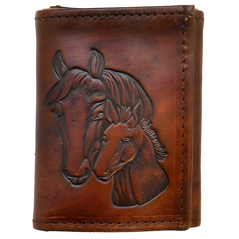 Western Express Trifold Wallet with Embossed Horse Heads - Antiqued Brown  Leather