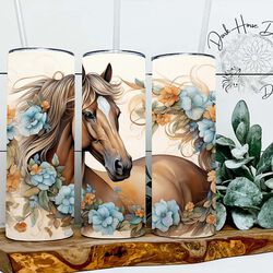 Dark Horse Dream Designs Tumbler - Blue Floral Palomino Horse