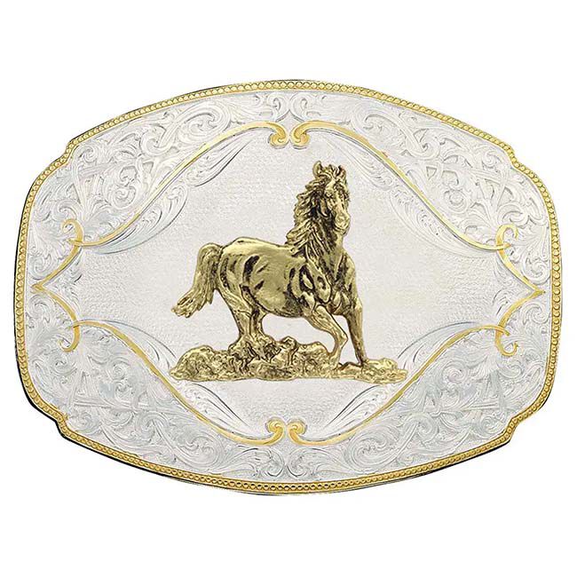 Montana Silversmiths Gold Flourish Western Belt Buckle with Galloping Horse image number null