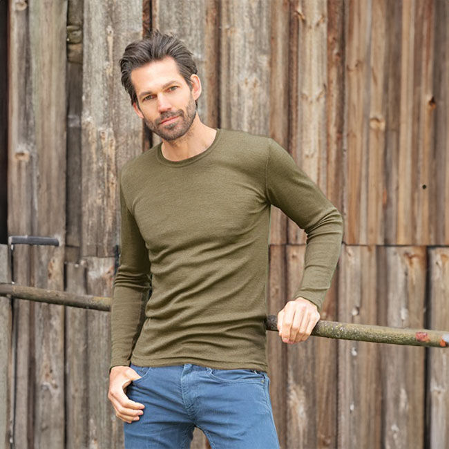 Engel Men's Wool/Silk Blend Long-Sleeve Shirt - Olive image number null