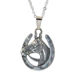 Finishing Touch of Kentucky Necklace - Horse Head with Reins in Horseshoe - Retro Silver