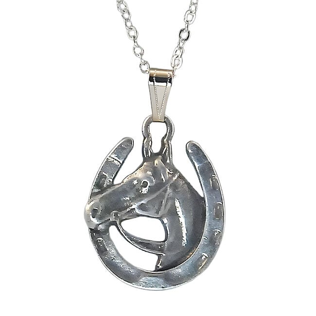 Finishing Touch of Kentucky Necklace - Horse Head with Reins in Horseshoe - Retro Silver image number null