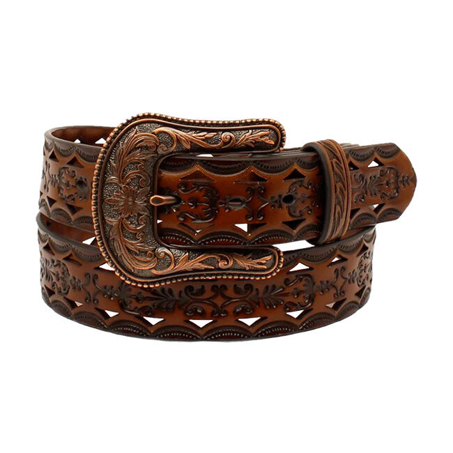 Ariat Womens Tooled with Bronze Buckle Belt, Black & Tan image number null