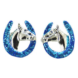 Finishing Touch of Kentucky Earrings - Horse Head in Horseshoe - Silver & Blue