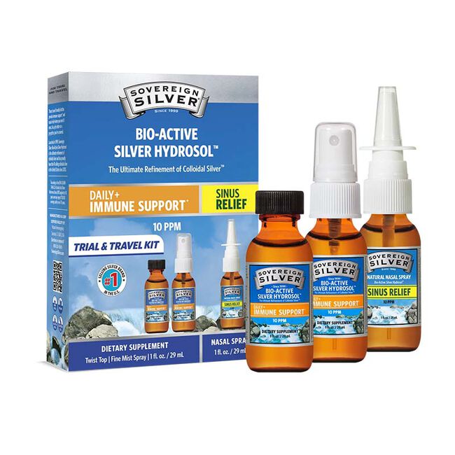 Sovereign Silver Bio-Active Silver Hydrosol 3-Piece Trial & Travel Kit - Daily+ Immune Support & Sinus Relief image number null