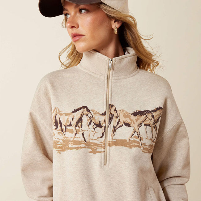 Ariat Women's Running Wild 1/2 Zip Sweatshirt - Oatmeal Heather image number null