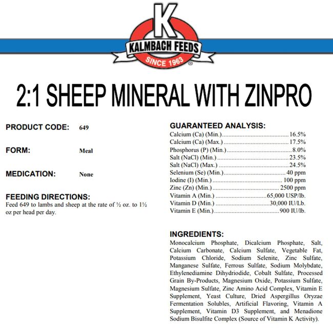 Kalmbach 2:1 Sheep Mineral with ZinPro  Label image number null