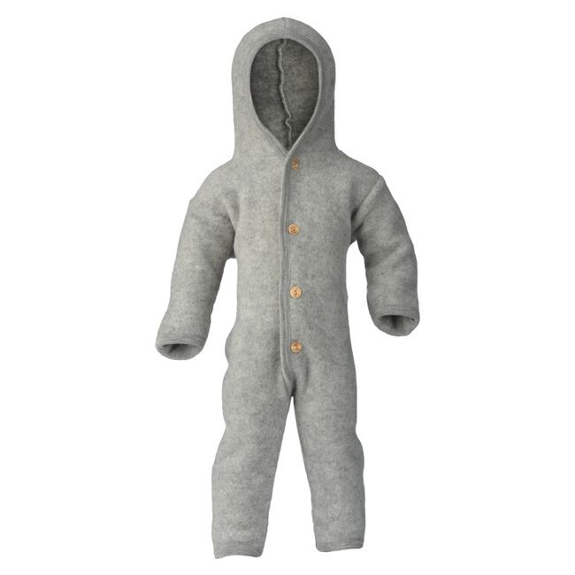 Engel Baby 100% Merino Wool Fleece Hooded Suit with Wooden Buttons - Light Gray Melange image number null