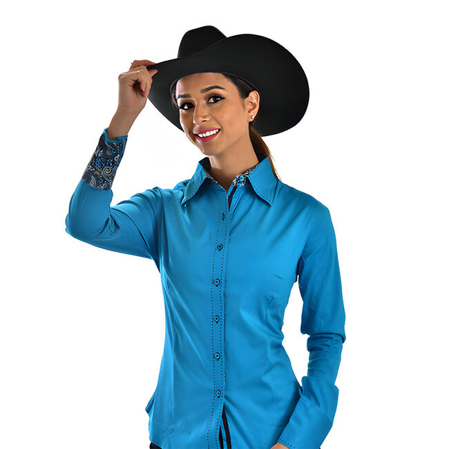 RHC Equestrian Women's Buck Stitch Button Down Show Shirt - Teal image number null