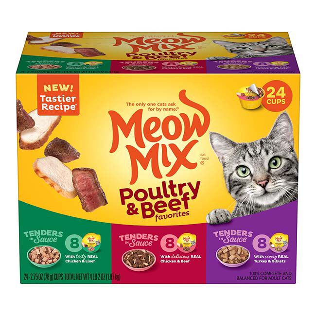 Meow Mix Tenders in Sauce Cat Food - Poultry & Beef Favorites Variety Pack - 24 Count Carton image number null