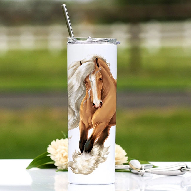 Classy Equine 20 oz Skinny Tumbler with Straw - Buckskin Gypsy Vanner image number null