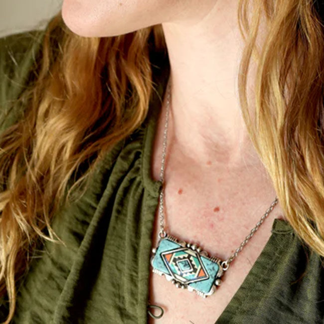 Wyo-Horse Silversmith Turquoise Inlaid Pattern Pendant image number null