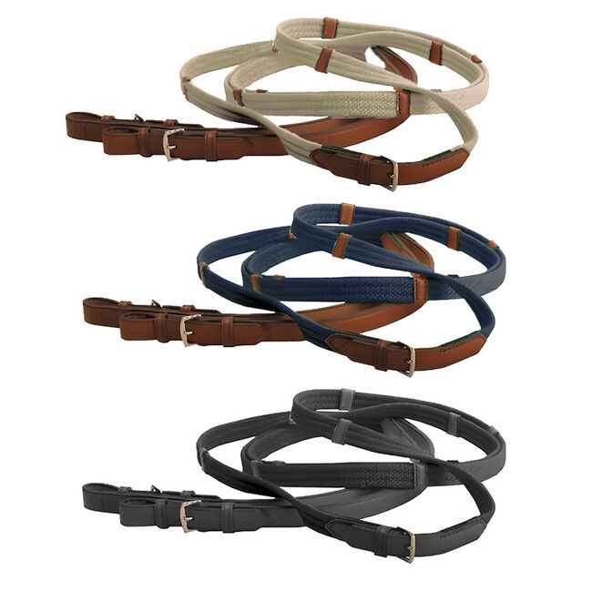 Tory Leather 3/4" x 60" Bridle Leather and Cotton Web Reins with Leather Hand Stops, Stainless Steel Center and Bit End Buckles image number null