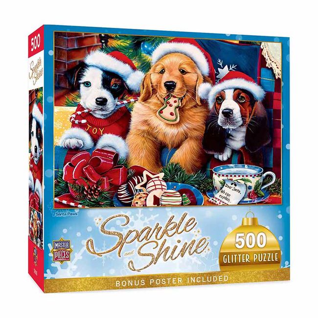 MasterPieces 500-Piece Sparkle & Shine Glitter Puzzle - Santa Paws image number null