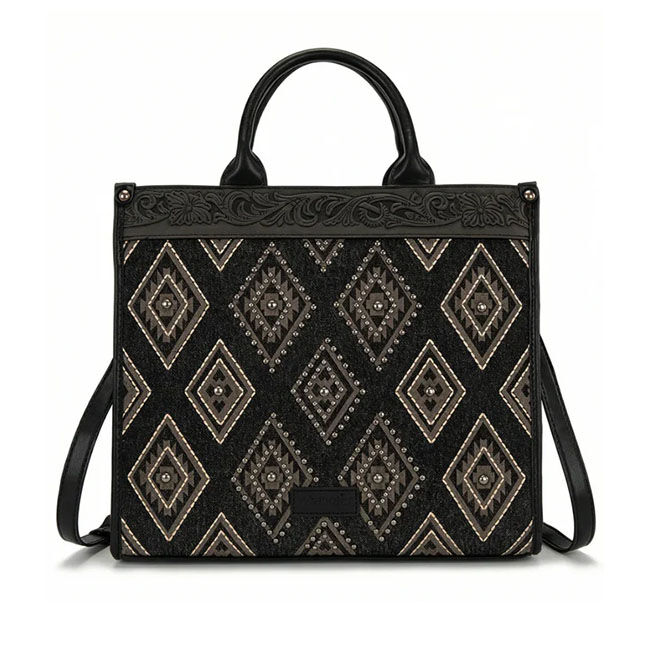 Wrangler Aztec Studded Denim Crossbody Tote Bag - Black image number null