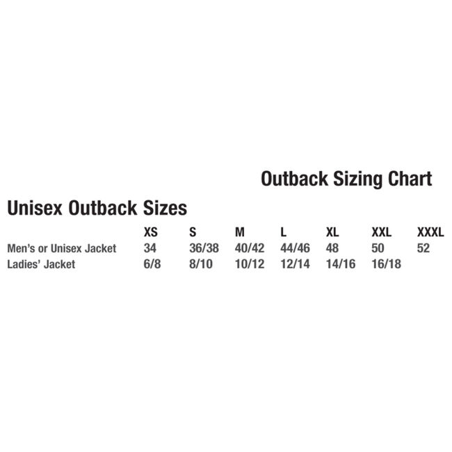 Outback Trading Post Pak-a-Roo Duster Size Chart image number null