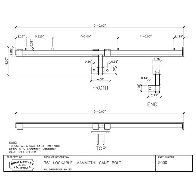 Snug Cottage Hardware Lockable Mammoth Cane Bolt image number null