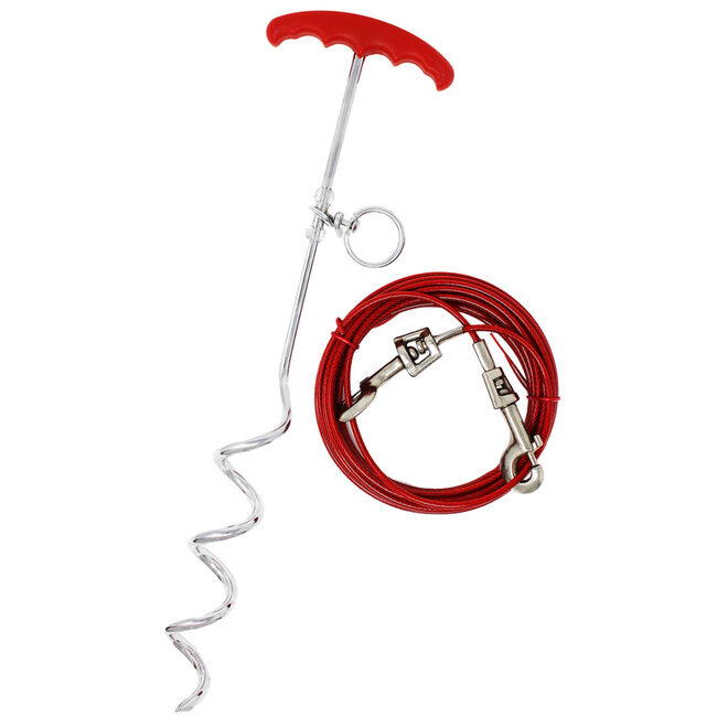 Boss Pet Silver/Red Vinyl Coated Cable Dog Stake and Tie-Out Combo image number null