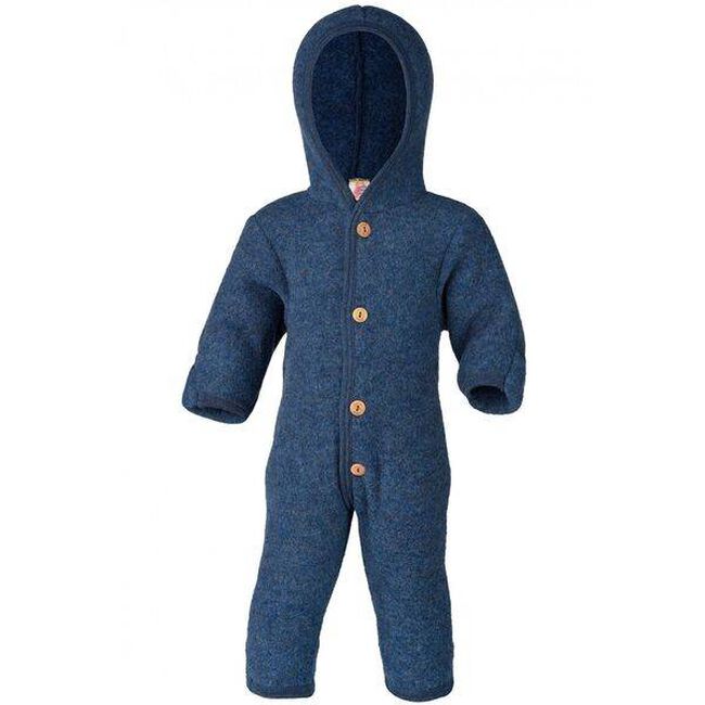 Engel Baby 100% Merino Wool Fleece Hooded Suit with Wooden Buttons - Blue Melange image number null