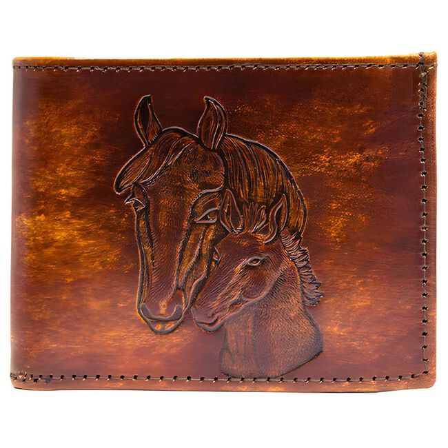 Western Express Leather Bifold Wallet with Embossed Horse Heads - Antiqued Brown Leather image number null