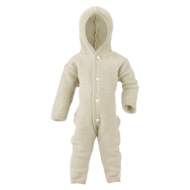 Engel Baby 100 Merino Wool Fleece Hooded Suit with Wooden Buttons Natural