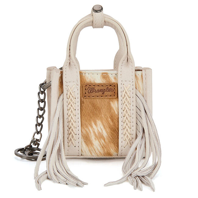 Wrangler Cowhide Mini Fringe Tote Keychain Bag - Beige image number null