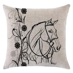 Noble Pony Linen Pillow - Hunter Head with Floral Border