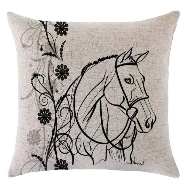 Noble Pony Linen Pillow - Hunter Head with Floral Border image number null