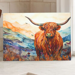 Dark Horse Dream Designs Glass Cutting Board - Highland Cow Mountain View