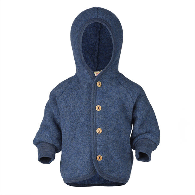Engel Baby 100% Wool Hooded Jacket with Wooden Buttons - Blue Melange image number null