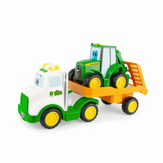 TOMY John Deere Lights & Sounds Farmin' Friends Toy Hauling Set with Truck and Backhoe Tractor image number null