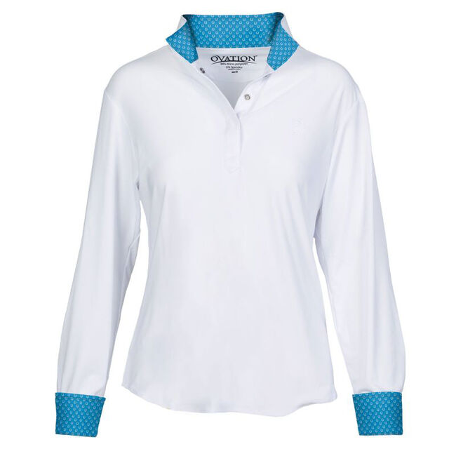 Ovation Kids' Ellie Tech Long Sleeve Show Shirt - White/Blue Horseshoe image number null