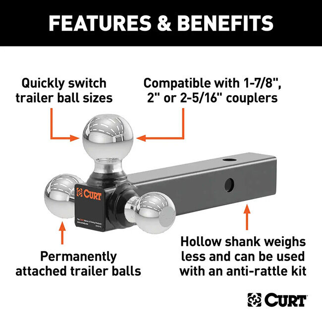CURT Multi-Ball Mount with 2" Hollow Shank, 1-7/8", 2" & 2-5/16" Chrome Balls image number null