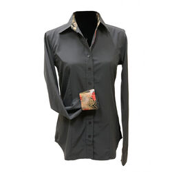 RHC Equestrian Women's Microfiber Breathable Button Show Shirt with Contrast Trim - Charcoal