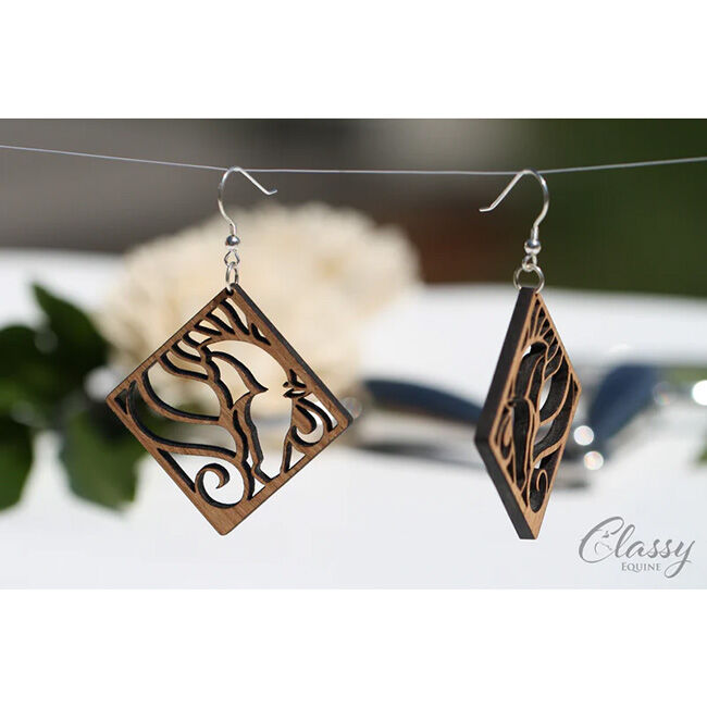 Classy Equine Earrings - Diamond Horse Head - Cherry Hardwood image number null