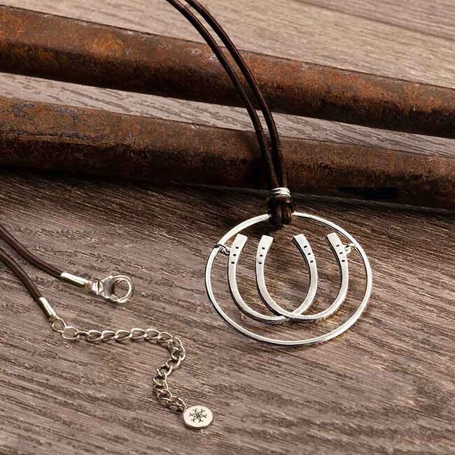 Urban Equestrian Double Luck Horseshoe Necklace - Sterling Silver & Leather - Closeout image number null